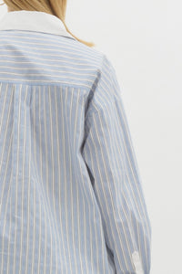 Strictly Business Striped Collared Relaxed Fit Blouse - Blue