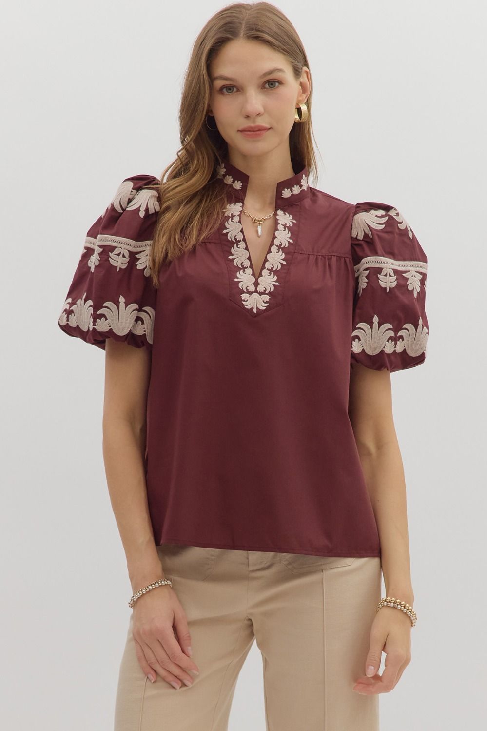 Regal Bloom Embroidered Puff Sleeve Blouse - Burgundy