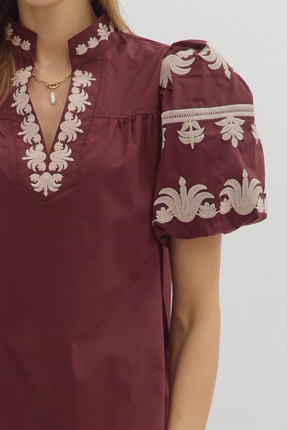 Regal Bloom Embroidered Puff Sleeve Blouse - Burgundy