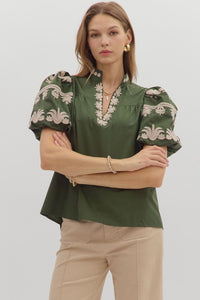 Regal Bloom Embroidered Puff Sleeve Blouse - Hunter Green