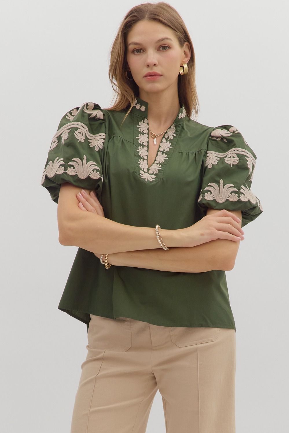 Regal Bloom Embroidered Puff Sleeve Blouse - Hunter Green