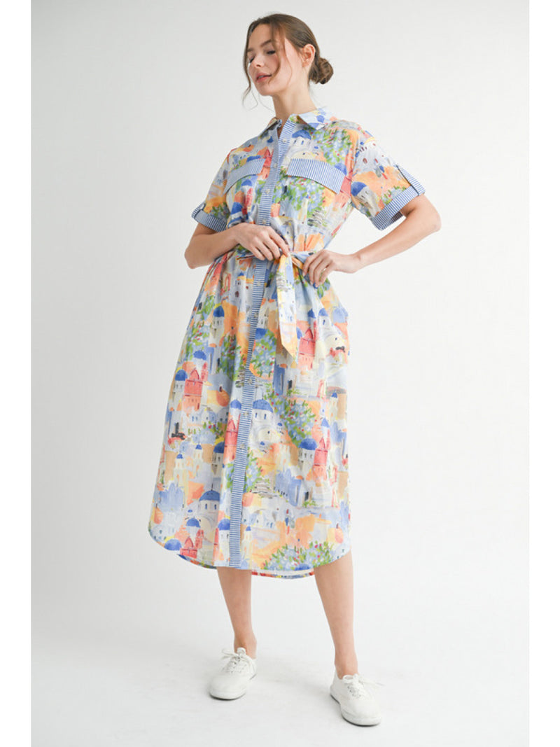 Scenes of Santorini Printed Mediterranean Midi Dress
