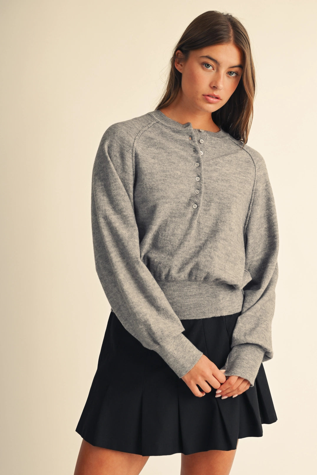 Comfy Classic Knit Henley Sweater - Heather Gray