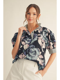 Midnight Floral Print & Striped Contrast Detail Blouse