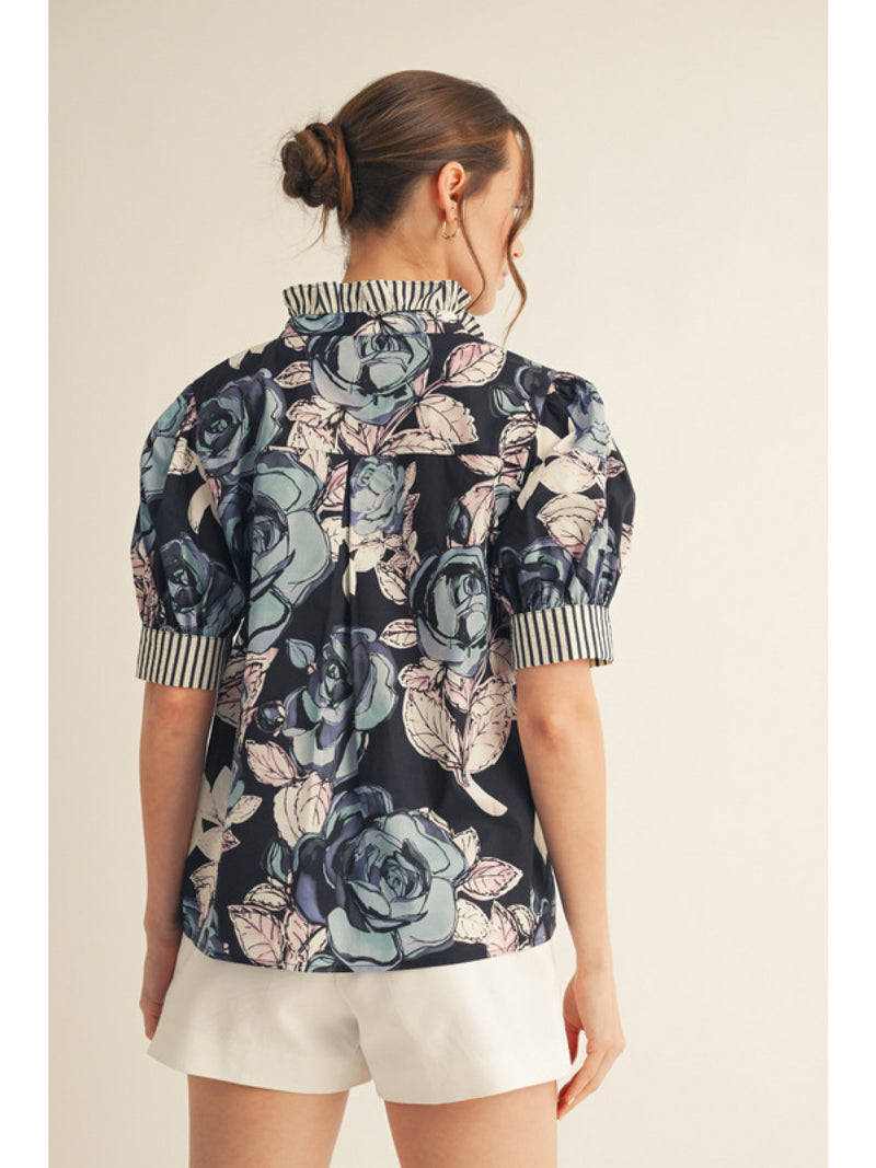 Midnight Floral Print & Striped Contrast Detail Blouse