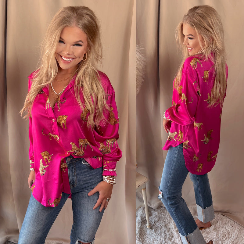 Running Wild Satin Button Up- Fuchsia
