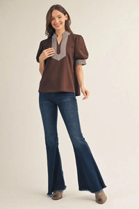 Fine Details Short Sleeve Stripe Contrast Top - Brown