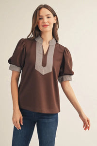Fine Details Short Sleeve Stripe Contrast Top - Brown