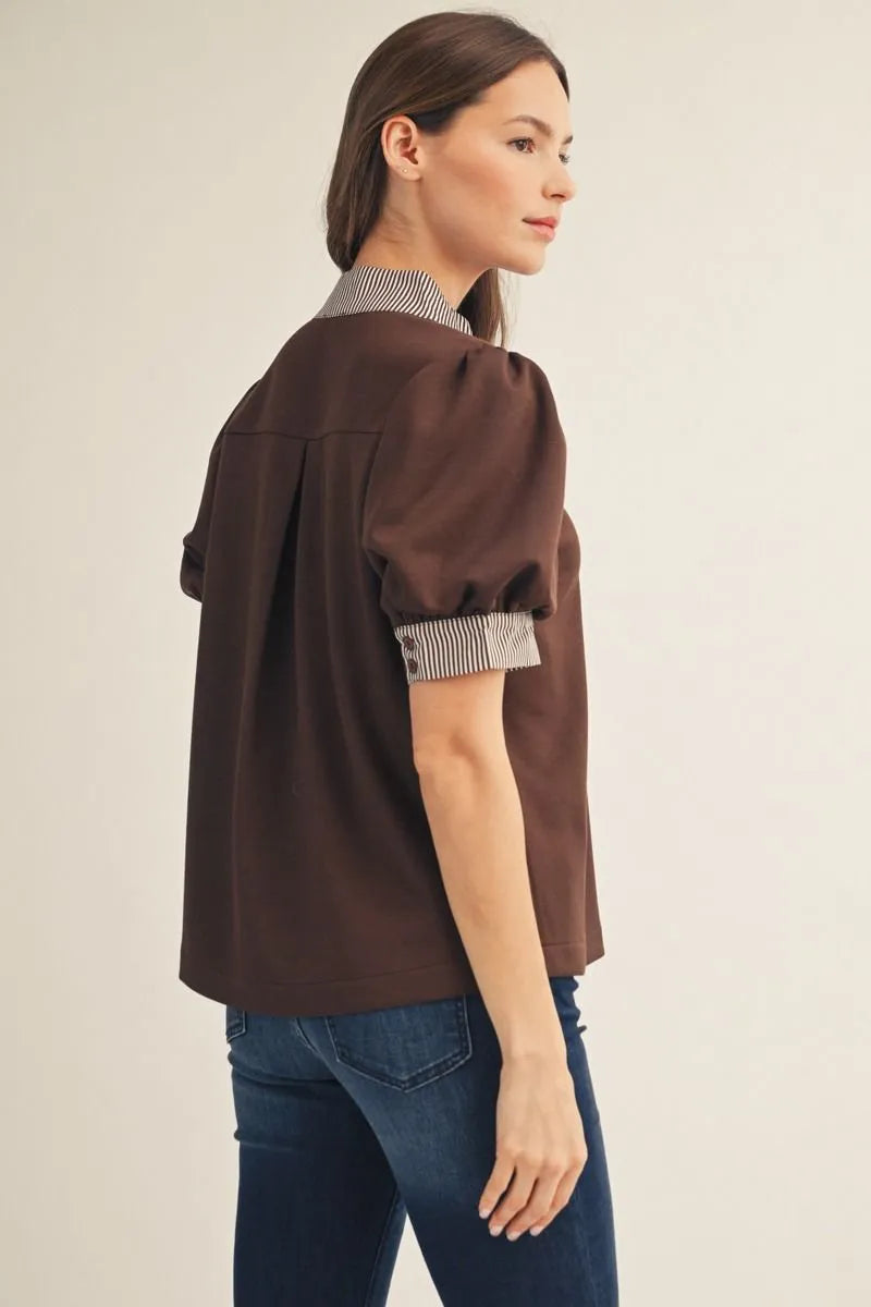 Fine Details Short Sleeve Stripe Contrast Top - Brown