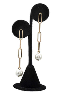 Linear Links Paperclip Dangle Post Earrings w/ Pearl