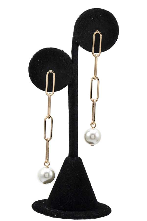 Linear Links Paperclip Dangle Post Earrings w/ Pearl