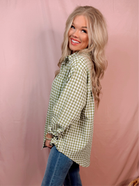 Gingham & Go Oversized Button Up Top - Light Green