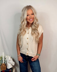 Sandy Shores Button Up Knit Short Sleeve Sweater / Top - Cream