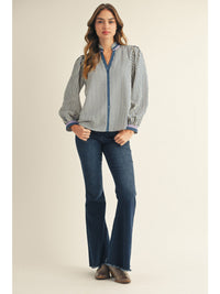 Daisy If You Do Denim Striped Contrast Trim Top
