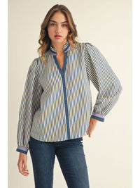 Daisy If You Do Denim Striped Contrast Trim Top
