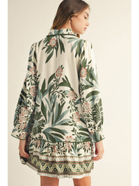 Elegant Evergreen Printed Floral Long Sleeve Dress