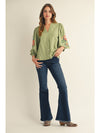 Elegant in Olive Stripes + Floral Embroidery Blouse