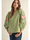 Elegant in Olive Stripes + Floral Embroidery Blouse