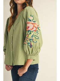 Elegant in Olive Stripes + Floral Embroidery Blouse