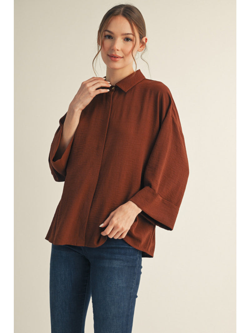 Easy Does It Button Up Collared Blouse - Brown