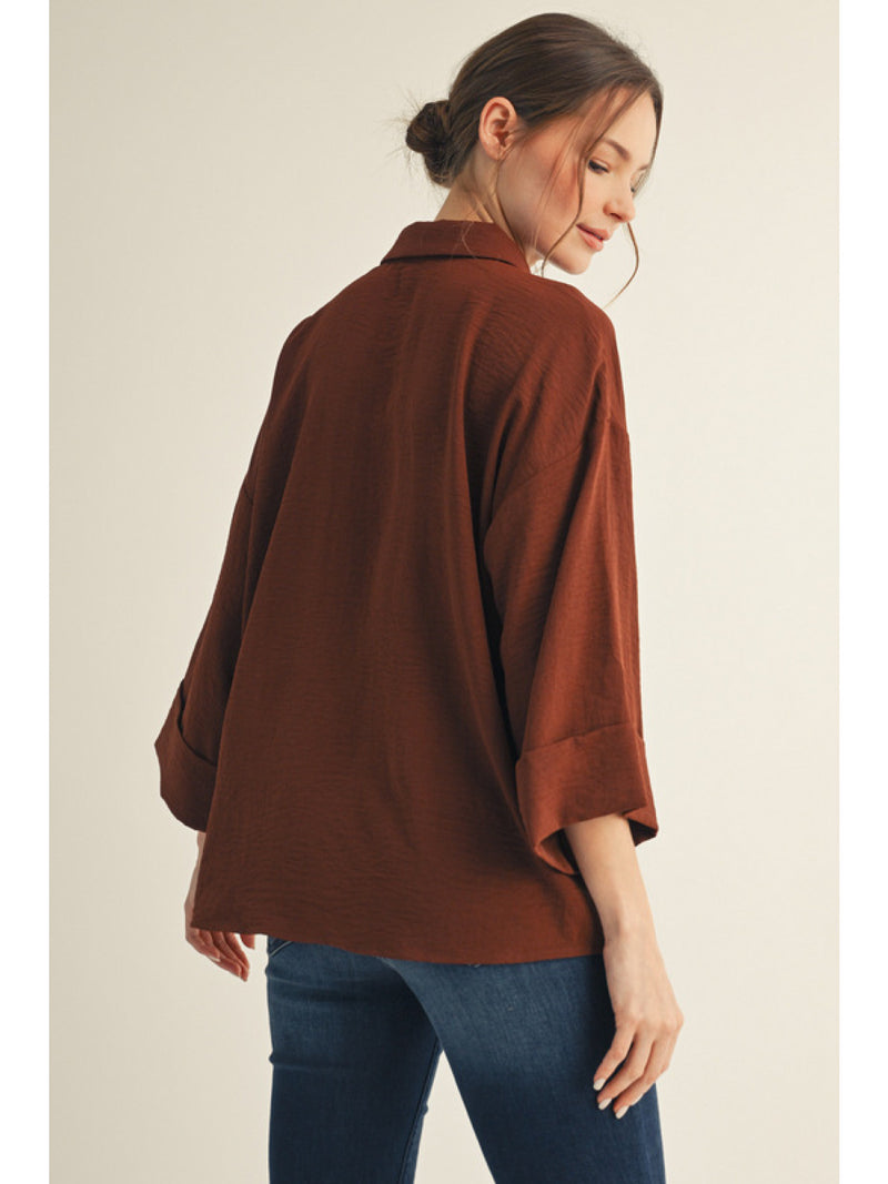 Easy Does It Button Up Collared Blouse - Brown