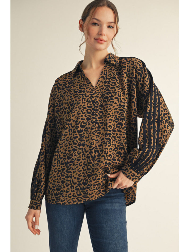 Lucky In Leopard Contrast Stripe Detail Blouse