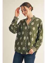 Fern & Fleur Printed Button Up Top - Olive