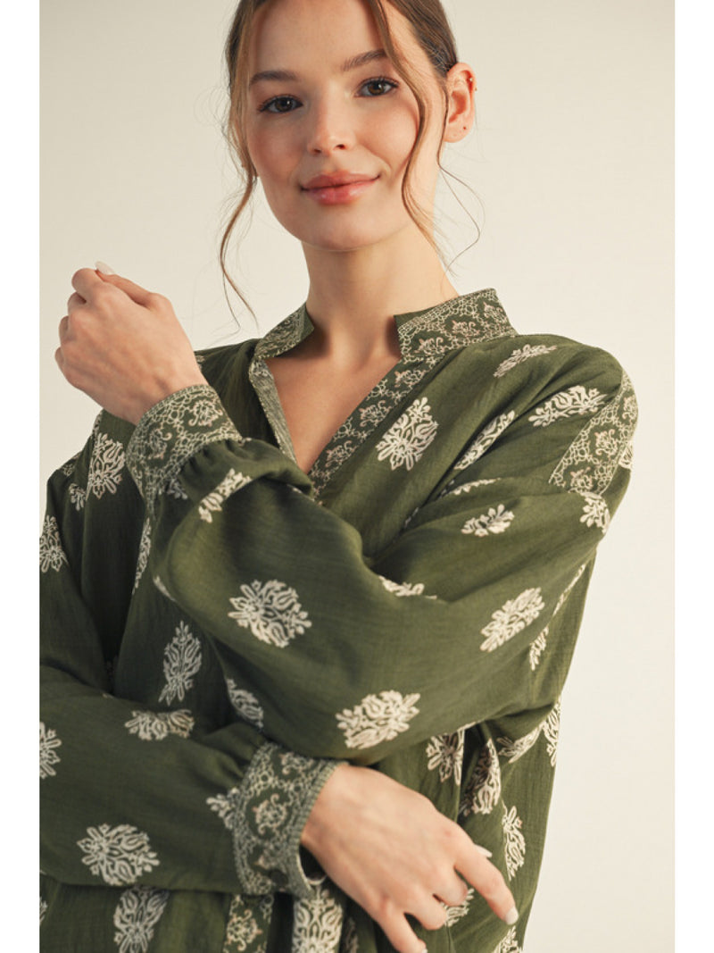 Fern & Fleur Printed Button Up Top - Olive