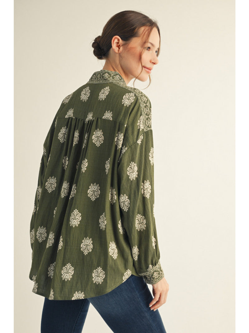Fern & Fleur Printed Button Up Top - Olive