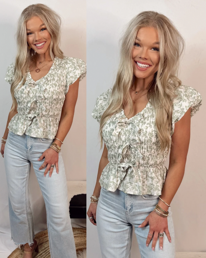 Sweet Blossoms Floral Smocked Ruffle Top - Olive