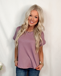 Lavender Solid Cuffed Short Sleeve Everyday Basic