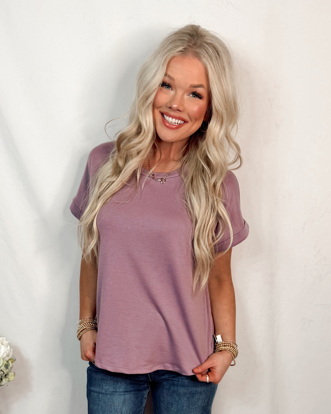 Lavender Solid Cuffed Short Sleeve Everyday Basic