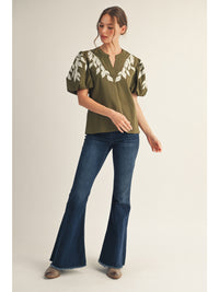 Verdant Vines Embroidered Puff Sleeve Top - Olive
