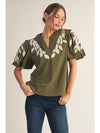 Verdant Vines Embroidered Puff Sleeve Top - Olive