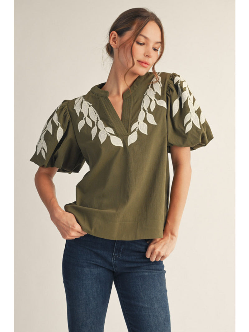 Verdant Vines Embroidered Puff Sleeve Top - Olive