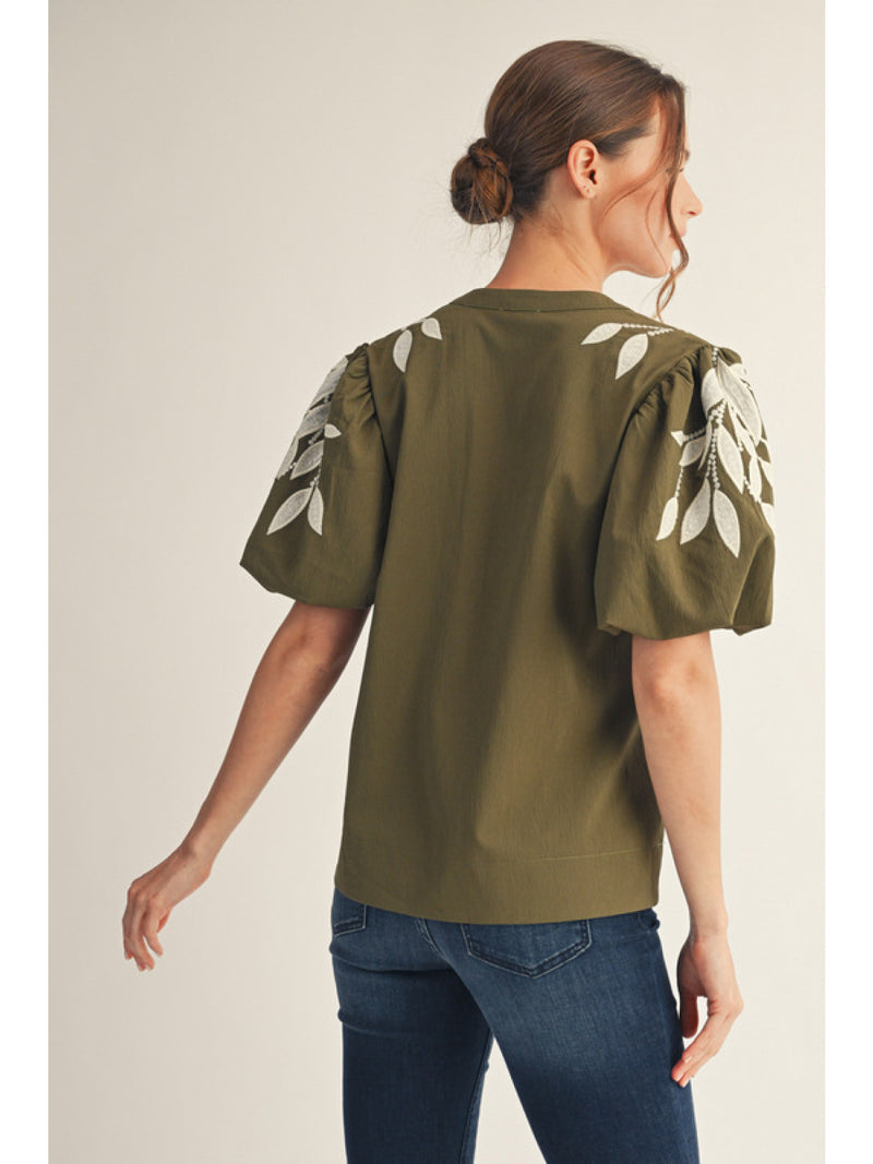 Verdant Vines Embroidered Puff Sleeve Top - Olive