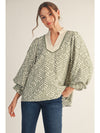 Garden Of Green Printed Detailed Collared Blouse