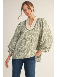Garden Of Green Printed Detailed Collared Blouse