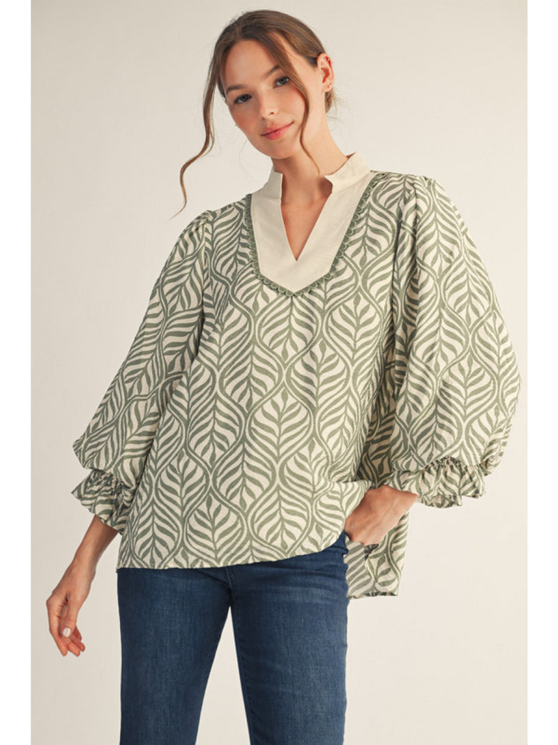 Garden Of Green Printed Detailed Collared Blouse