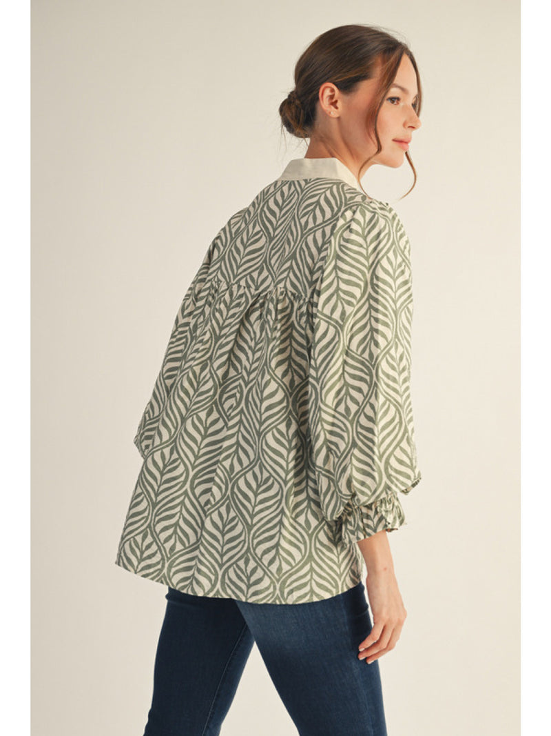 Garden Of Green Printed Detailed Collared Blouse