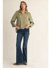 Poised In Pearl Snap Sleeves V-Neck Blouse - Olive