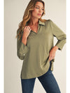 Poised In Pearl Snap Sleeves V-Neck Blouse - Olive