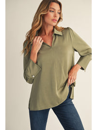 Poised In Pearl Snap Sleeves V-Neck Blouse - Olive