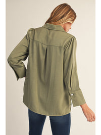Poised In Pearl Snap Sleeves V-Neck Blouse - Olive