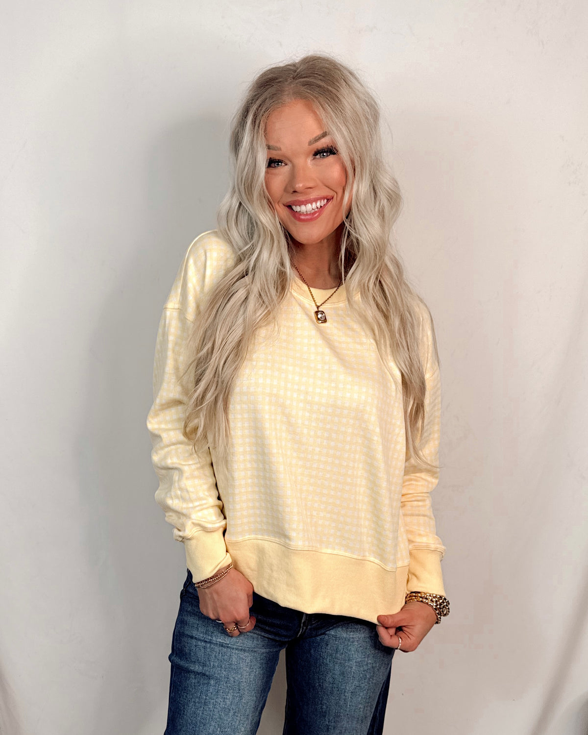 Lemon Drop Gingham Knit Pullover