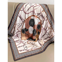 Floral & Equestrian Print Square Scarf with Houndstooth Border