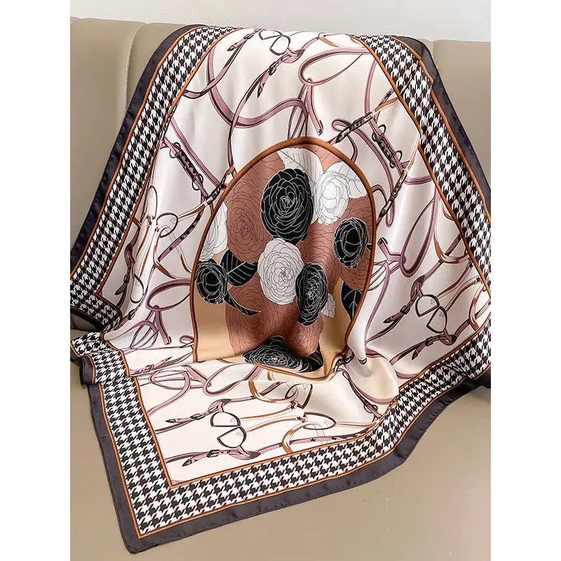 Floral & Equestrian Print Square Scarf with Houndstooth Border