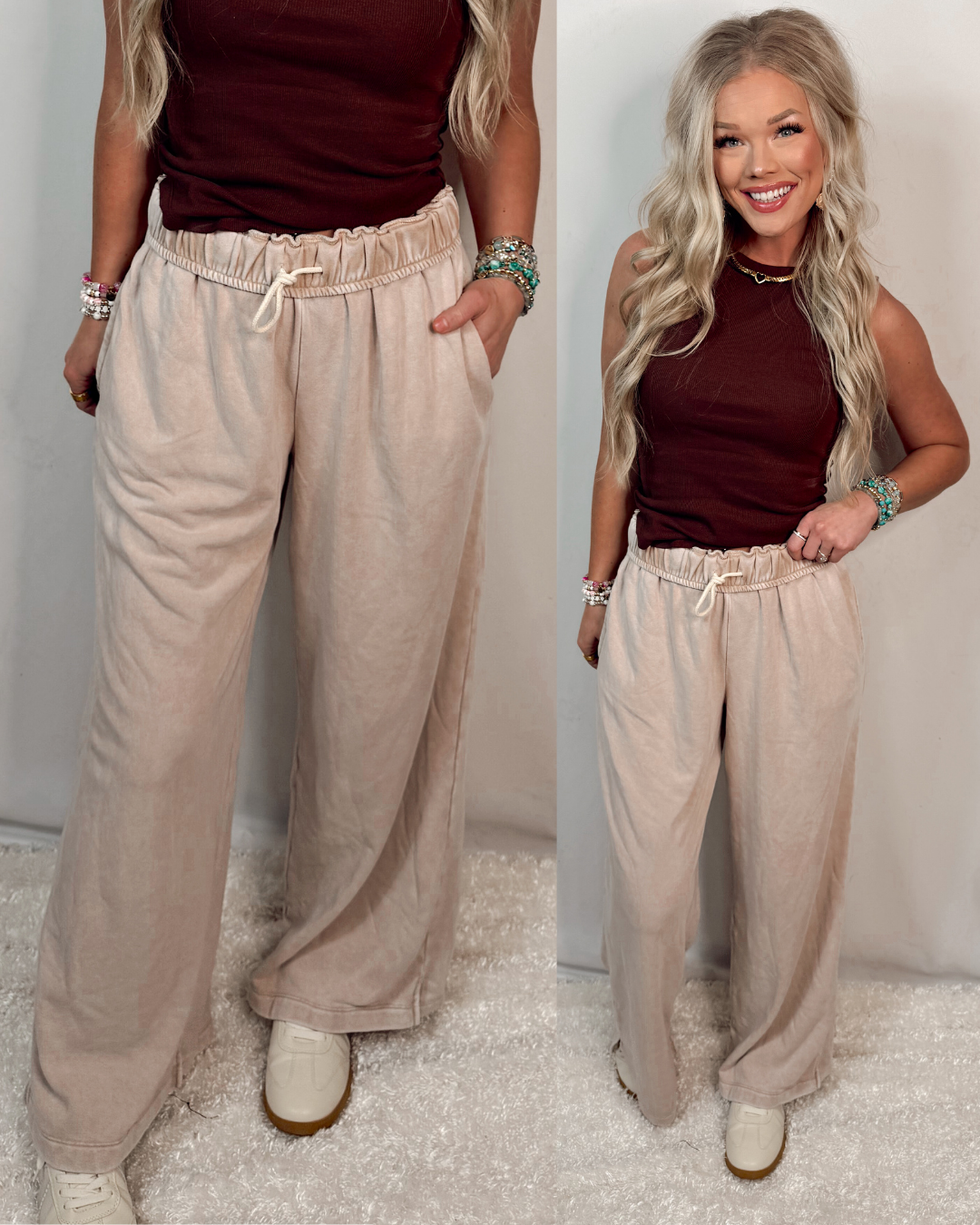 Off-Duty Fold Over Drawstring Wide Leg Lounge Pants - Dark Taupe