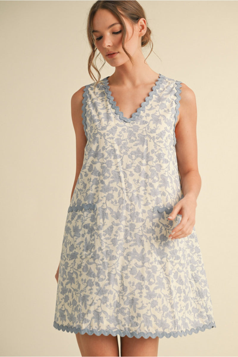 Cottage Charm Contrast Floral Dress - Blue