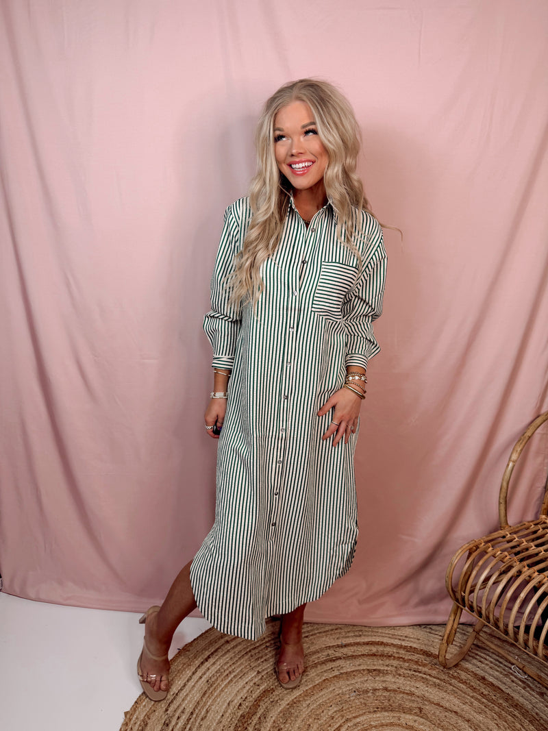 Country Club Brunch Striped Long Sleeve Midi Dress in Green